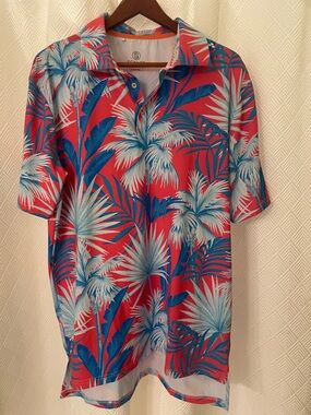 SCALES Tropical Palm Print Polo - Coral & Blue Size Large